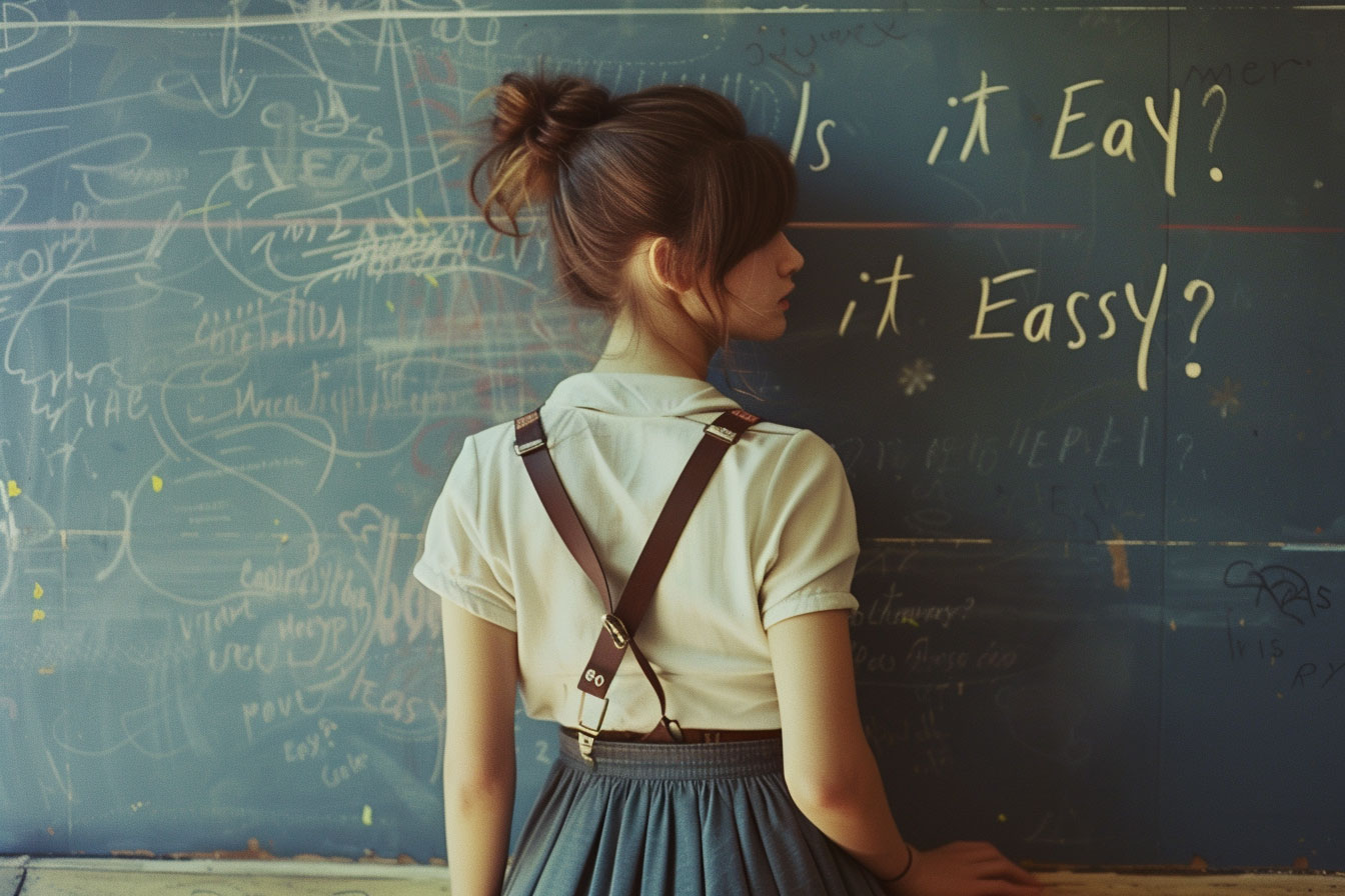 School girl wearing sunspenders with her face against the chalkboard - Stable Diffusion Tutorial