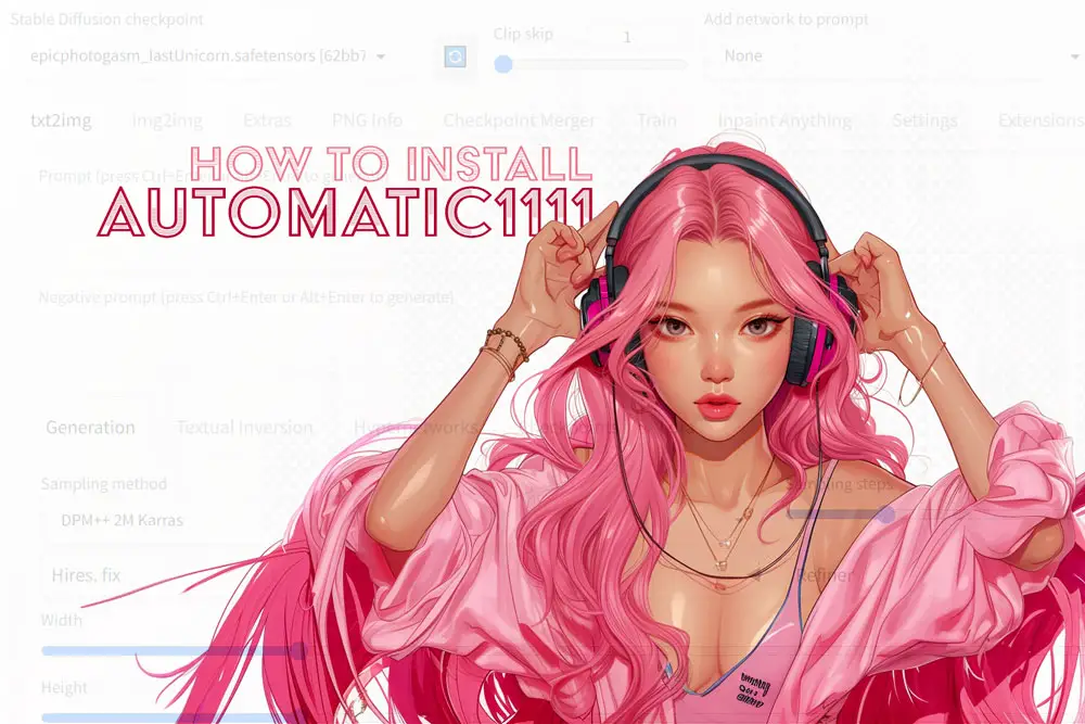 Vibrant pink-haired model with headphones