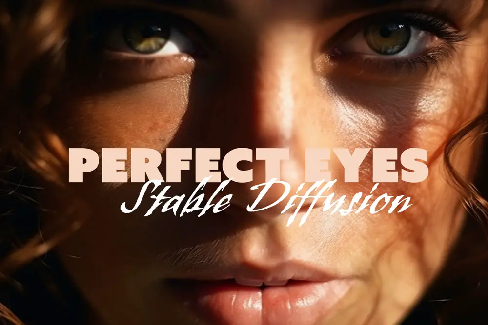 Close-up of a woman's face focusing on her eyes with the text 'PERFECT EYES Stable Diffusion' overlay.