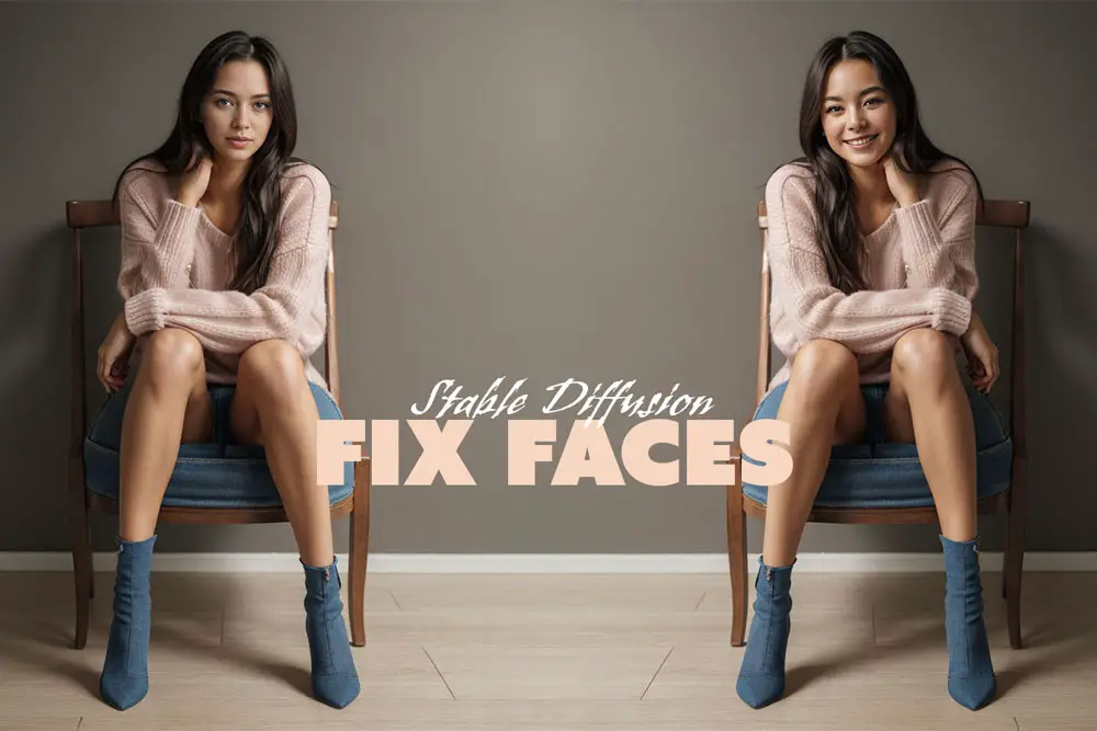 Mirror image of a woman sitting in a chair, one with a neutral expression, the other smiling, with 'Stable Diffusion FIX FACES' text
