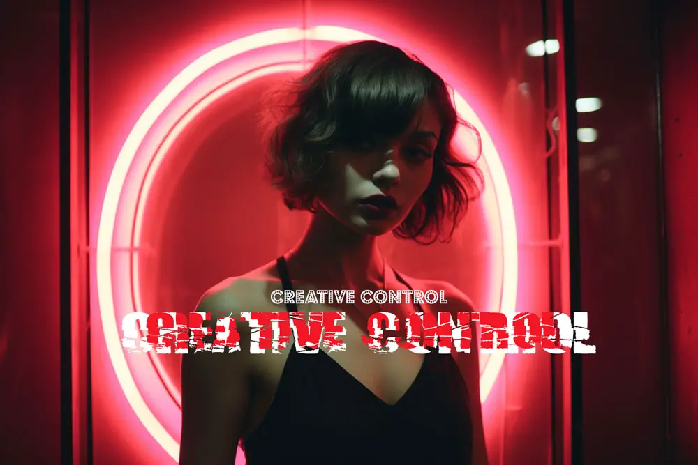 Stylish woman with short hair against a neon sign with 'CREATIVE CONTROL' text overlay.