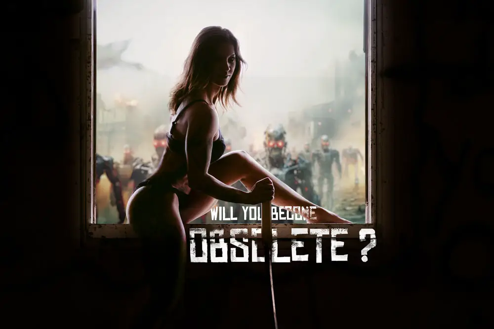Woman silhouetted against a window overlooking a dystopian scene with terminators in the background.