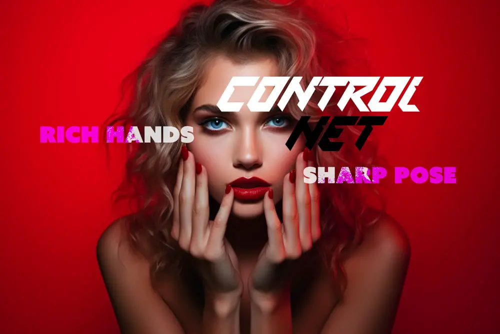 Glamorous model with striking red nails and bold makeup featuring 'CONTROL NET' and 'RICH HANDS SHARP POSE' text overlays against a vibrant red background.