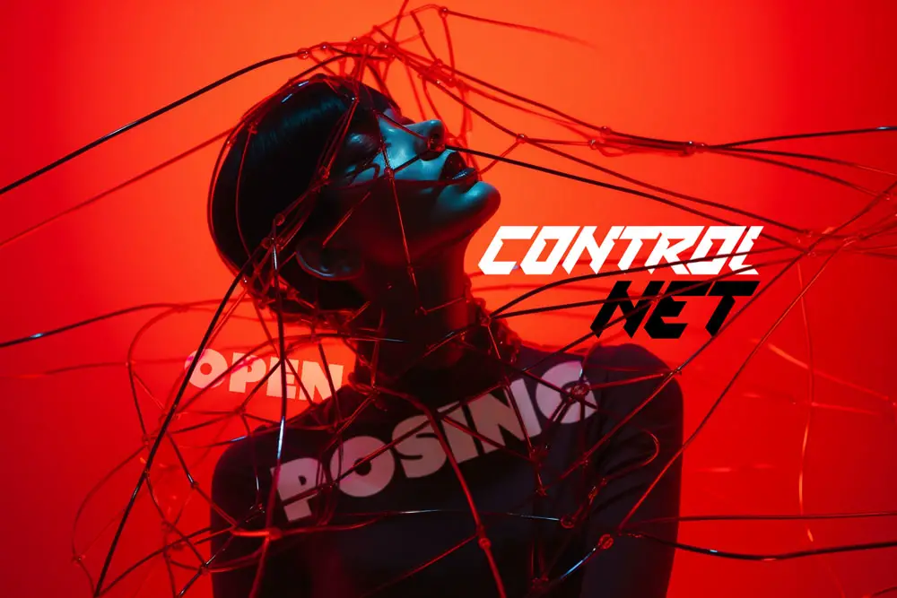 Artistic representation of a woman entangled in a network of strings against a red backdrop, symbolizing control and connectivity