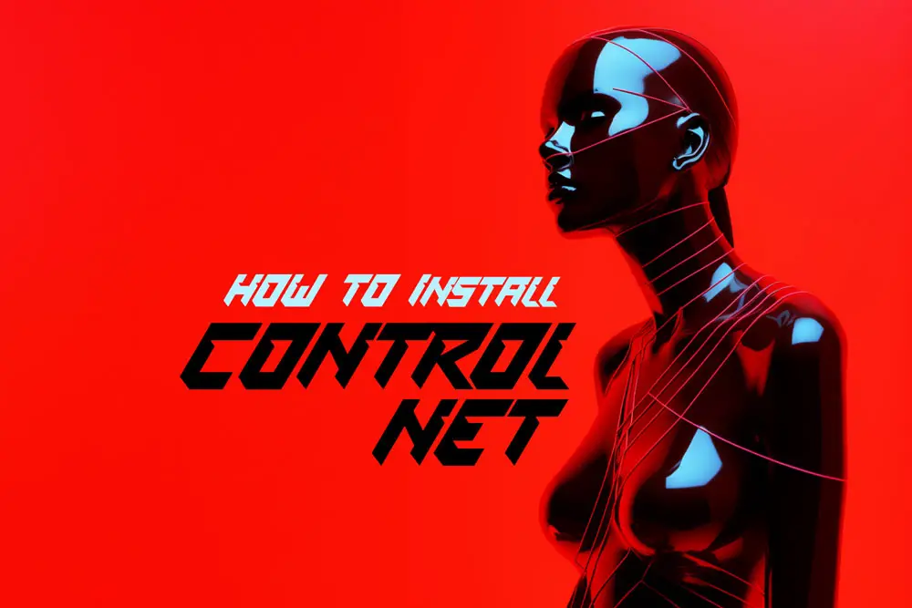 Abstract red-themed image featuring a 3D model of a female figure with a glossy surface and visible wireframes, alongside text 'How to Install Control Net.