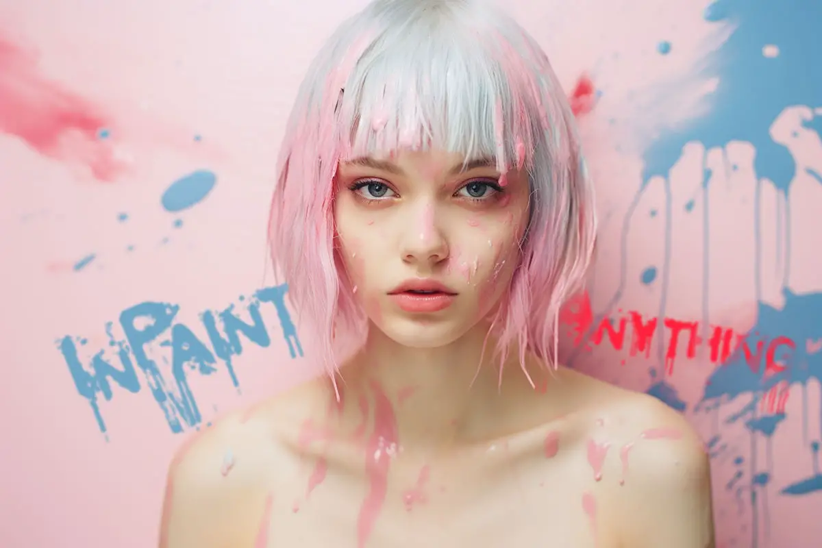 Young woman with splashes of pink paint on her face and a two-toned pink and white hairstyle against a playful backdrop with paint splatters and 'WANT ANYTHING' text.