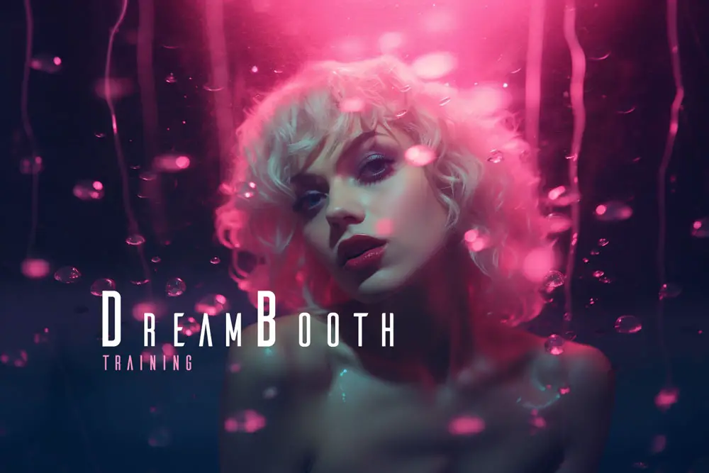 Woman with blonde hair underwater with pink light and bubbles, DreamBooth Training text overlay.