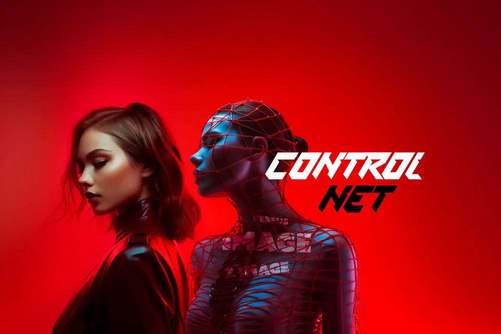 Futuristic female figures with digital wireframe overlay representing Control Net technology.
