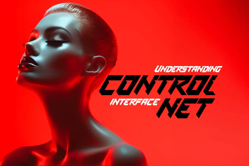 Futuristic female mannequin with a glossy finish against a vibrant red background, with 'Understanding Control Interface Net' text overlay.