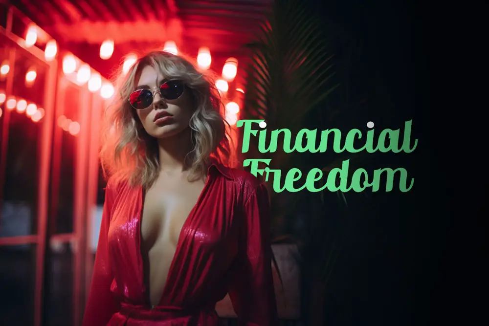 Stylish woman in a red dress and sunglasses standing under neon lights with "Financial Freedom" text overlay.