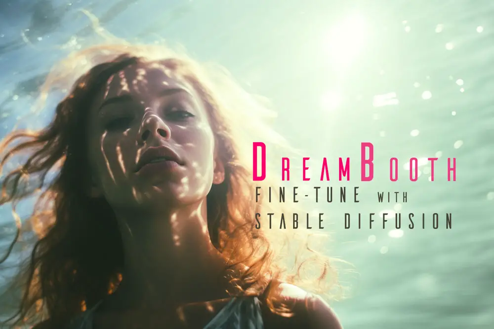 Woman underwater with sunlight filtering through, DreamBooth Fine-Tune with Stable Diffusion text.