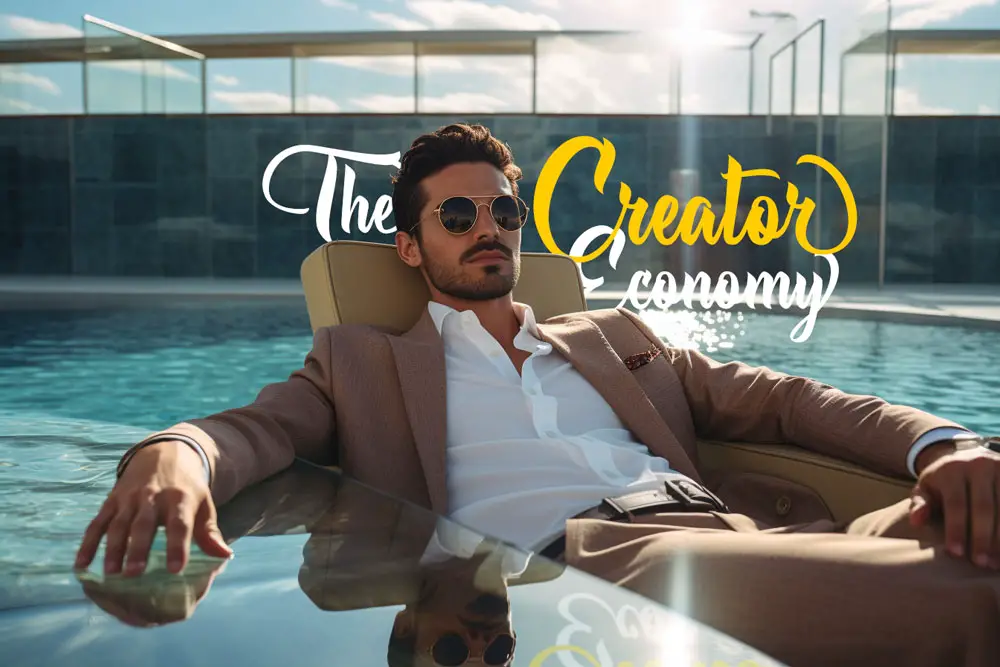A stylish man lounges by a pool, representing the leisure and success within the Creator Economy.