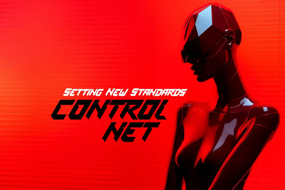 Futuristic female android against a vibrant red background with 'Control Net - Setting New Standards' text.