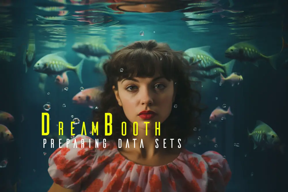 Woman immersed in water surrounded by fish, with DreamBooth Preparing Data Sets text overlay.