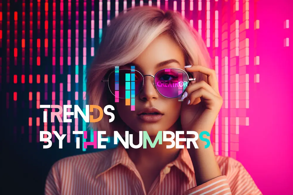 Stylish woman wearing sunglasses with reflections of 'CREATOR' and 'TRENDS BY THE NUMBERS'