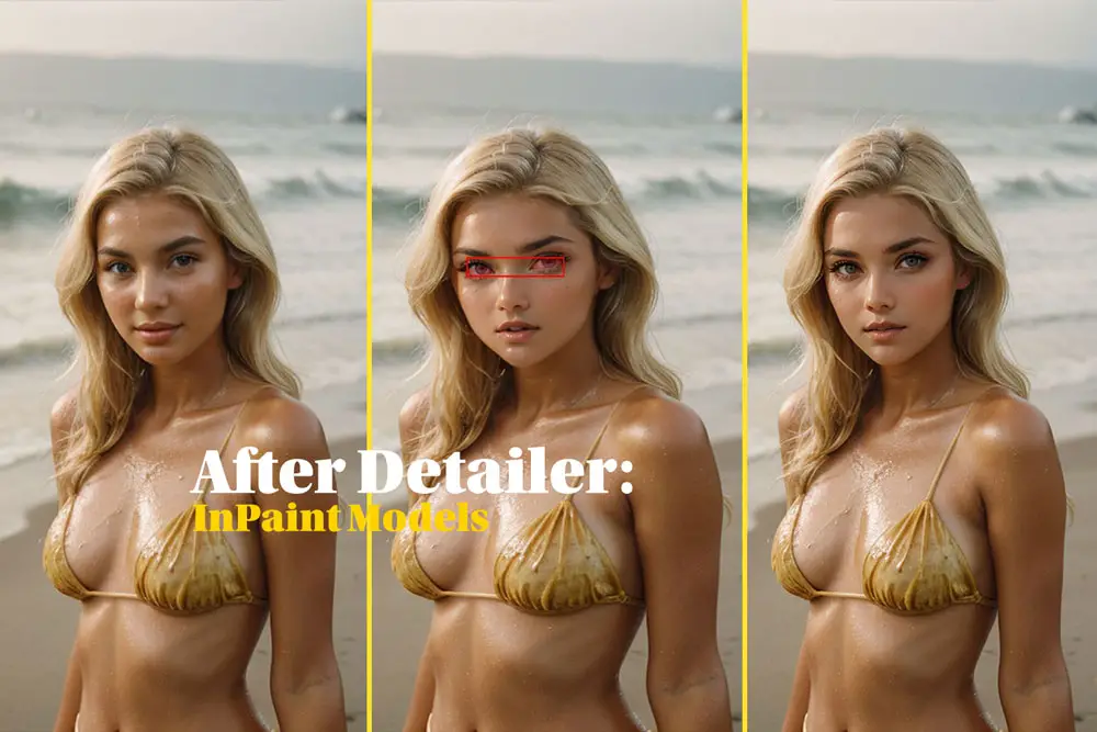 beautiful blonde models on the beach in yellow bikini - after detailer inpainting