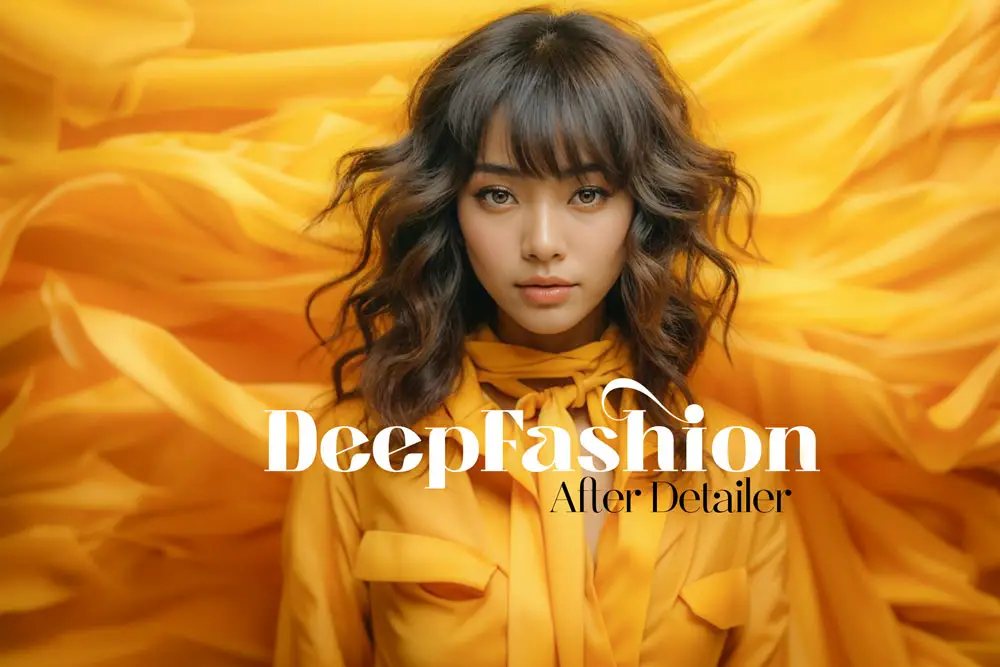 Japanese fashion model in yellow aesthetics drapery. Deepfashion for After Detailer