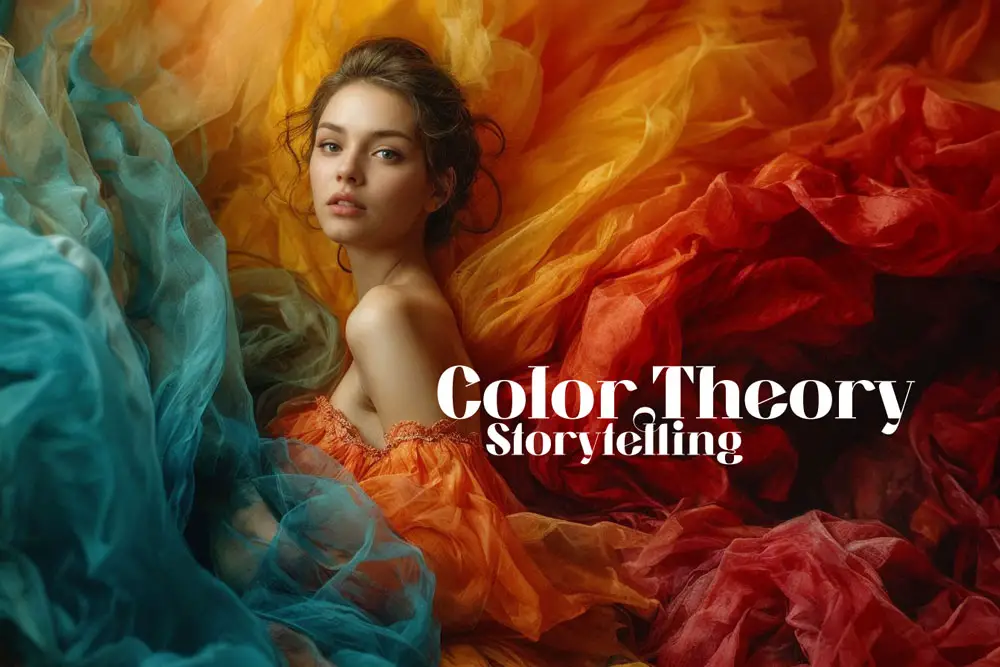 Woman surrounded by a swirl of colorful fabrics with 'Color Theory Storytelling' text