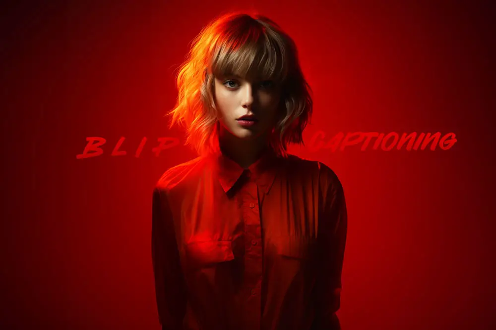 Stylish woman with a short blonde haircut against a vibrant red backdrop with 'BLIP CAPTIONING' text overlay.