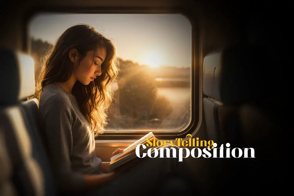 Young woman reading a book by the window on a sunlit train journey.