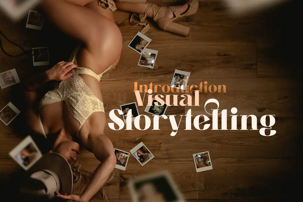 Artistic portrayal of a woman in lingerie surrounded by scattered photographs on a wooden floor with polaroids
