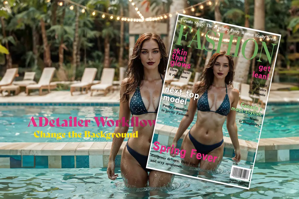 Woman modeling a blue polka dot bikini by the poolside with tropical ambiance, magazine cover