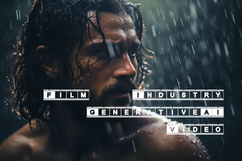 Intense close-up of a man in the rain with cinematic text overlay.