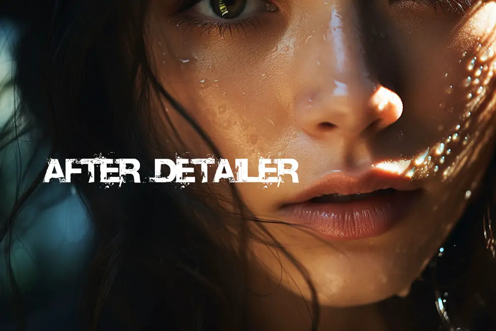 Close-up of a woman's face with water droplets and sunlight, with 'AFTER DETAILER' text