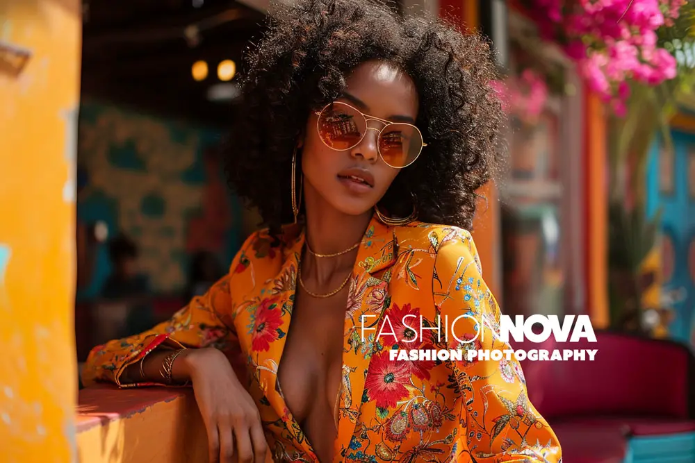 Model in orange floral jacket and sunglasses for Fashion Nova