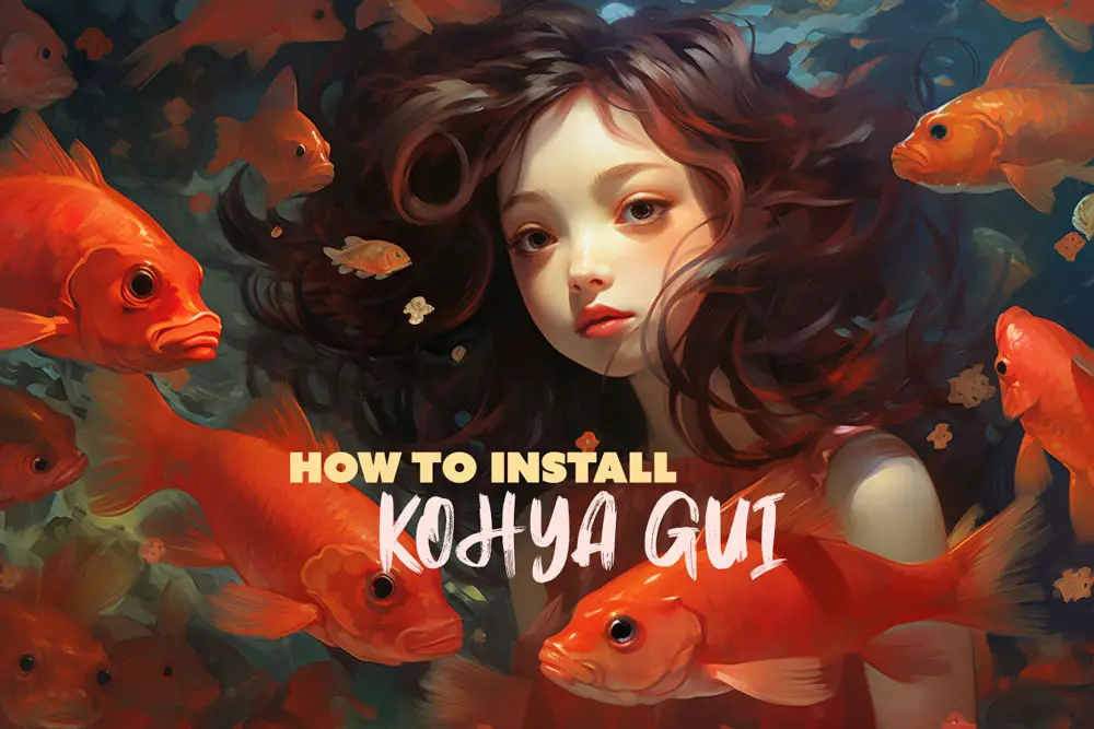 Surreal artwork of a girl surrounded by goldfish with text "How to Install Kohya GUI