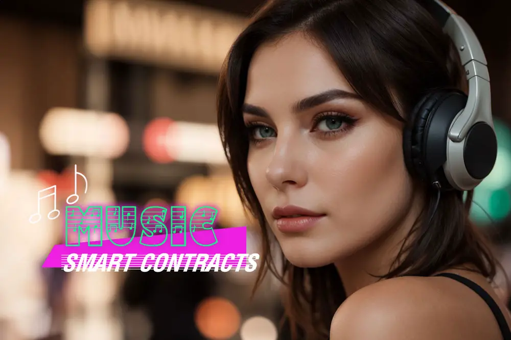 Young woman with headphones, with text "Music Smart Contracts" symbolizing the intersection of art and blockchain technology