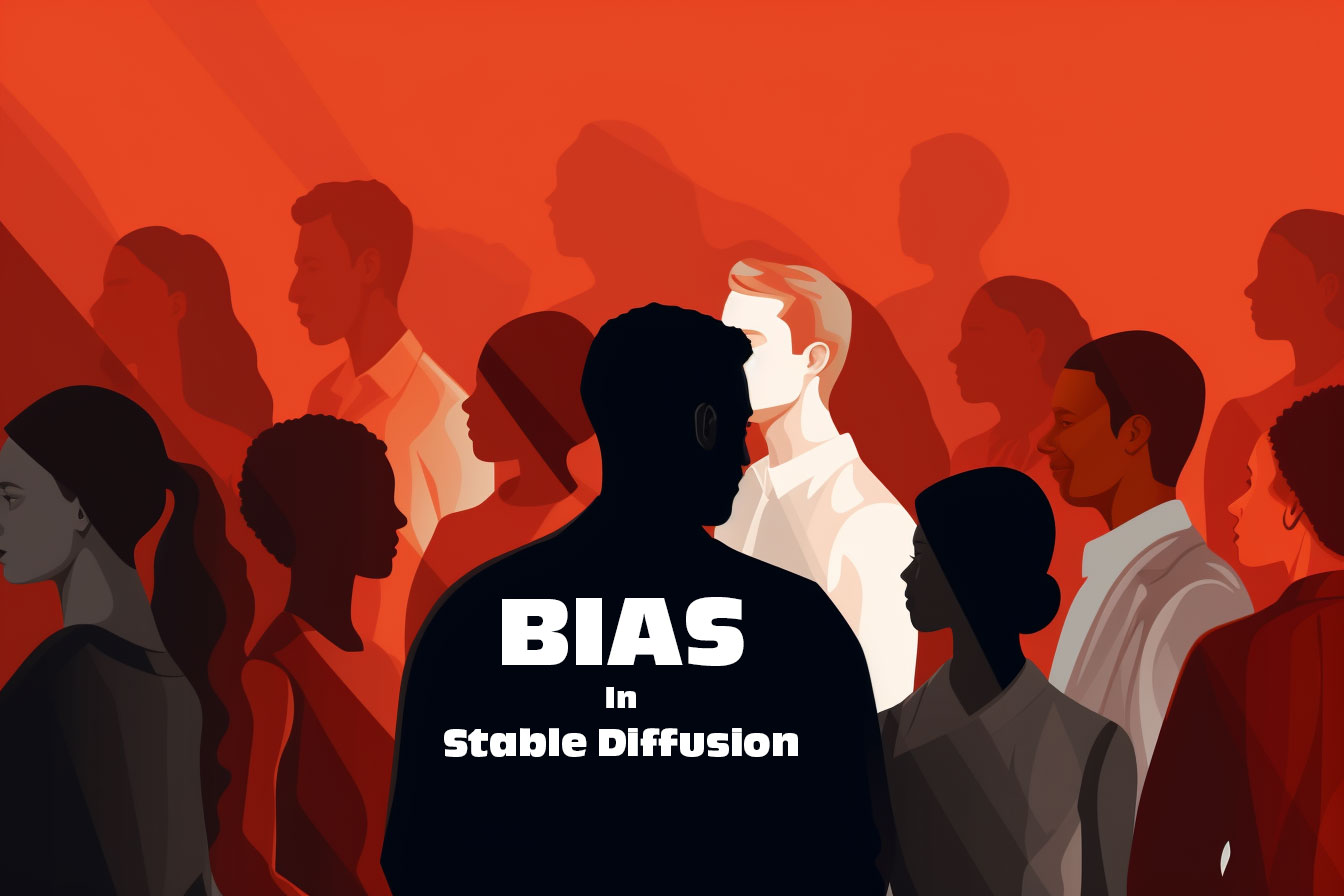 Bias of Stable Diffusion -Silhouettes of diverse individuals in shades of red and black with a highlighted central figure, emphasizing a theme of bias in technology.