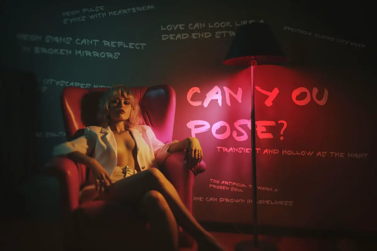 A contemplative scene with a woman lounging in a chair, surrounded by neon messages that evoke introspection and moodiness. Can You Pose in Stable Diffusion?