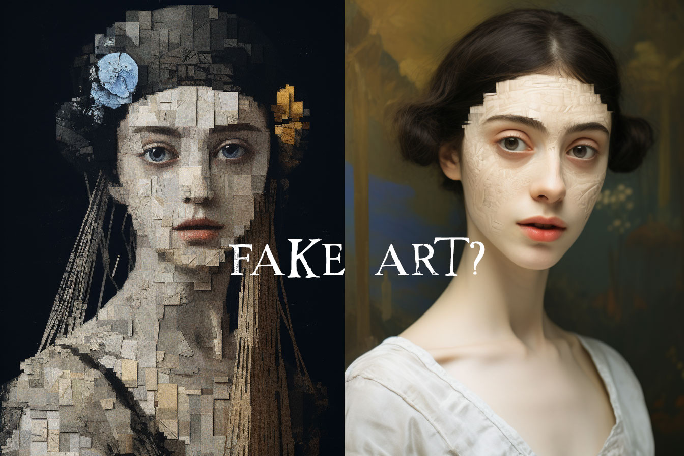 Are AI Artists Really Artists - Two contrasting portraits side by side, one resembling a pixelated mosaic and the other with a smooth classical finish, both questioning the authenticity of art.