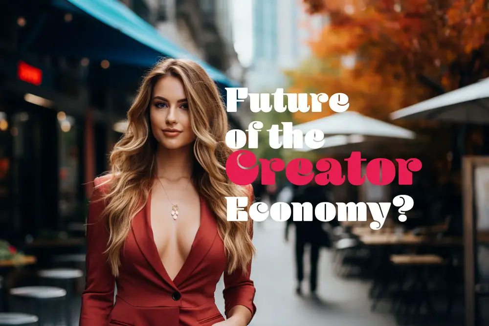 Confident woman in a red suit walking down a city street with text 'Future of the Creator Economy?' overlaying the image.
