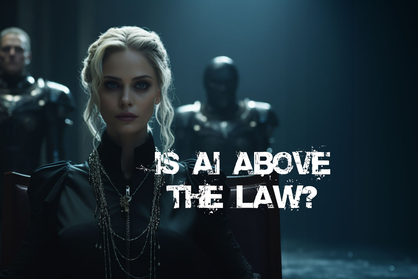 Is Stable Diffusion Legal ? A commanding woman with platinum blonde hair and dark formal attire adorned with chains and a cross pendant sits at the forefront of a dimly lit room, flanked by two armored guards standing in the background.