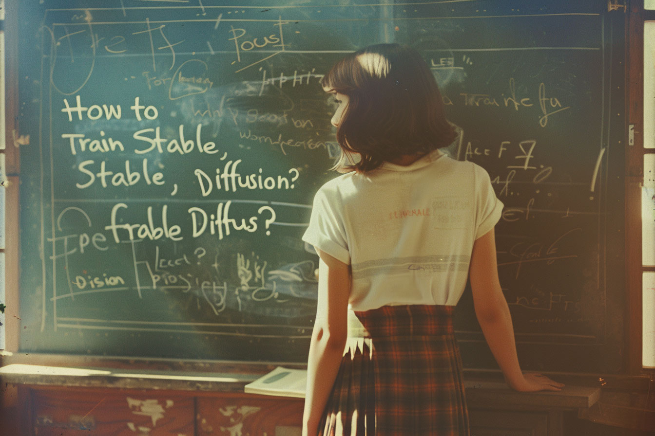 Female student in a plaid skirt standing thoughtfully in front of a chalkboard covered with handwritten scientific equations and diagrams. How Does Stable Diffusion Training Work