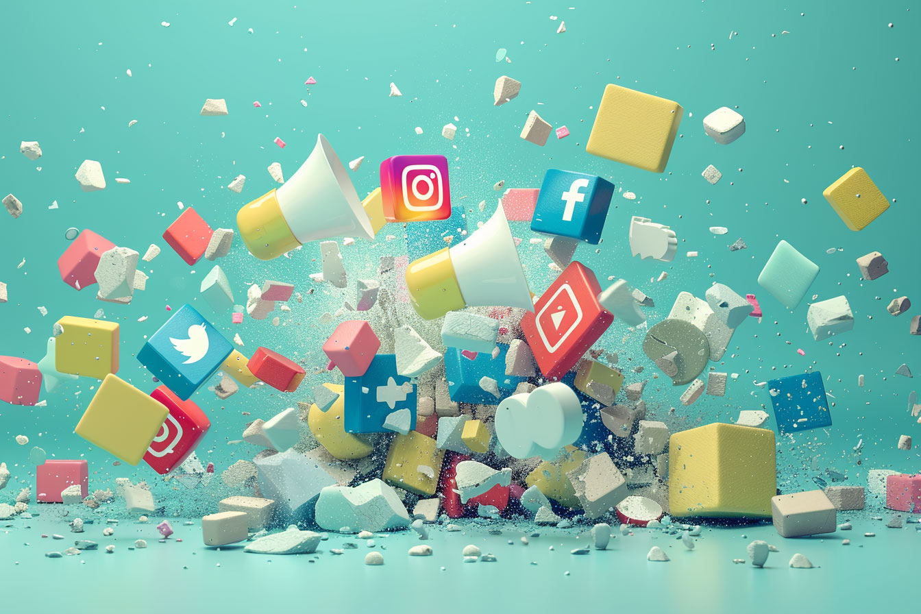 Social Media Logos exploding into debris Better Social Platform