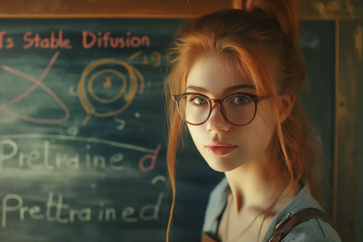 Thoughtful young redhead woman with glasses in a classroom with a chalkboard filled with scientific terms and diagrams - Is Stable Diffusion Pretrained?