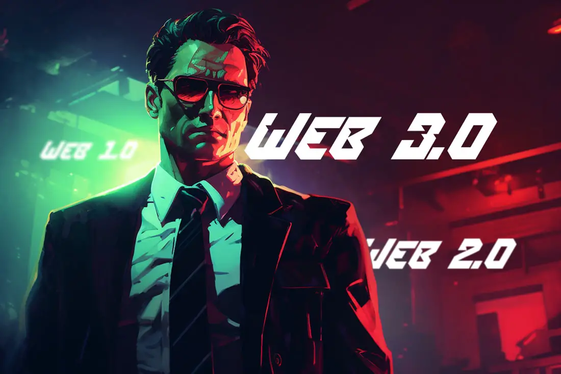 Stylized illustration of a man in sunglasses with a neon overlay text 'WEB 3.0' juxtaposed with 'WEB 1.0' and 'WEB 2.0' in the background.