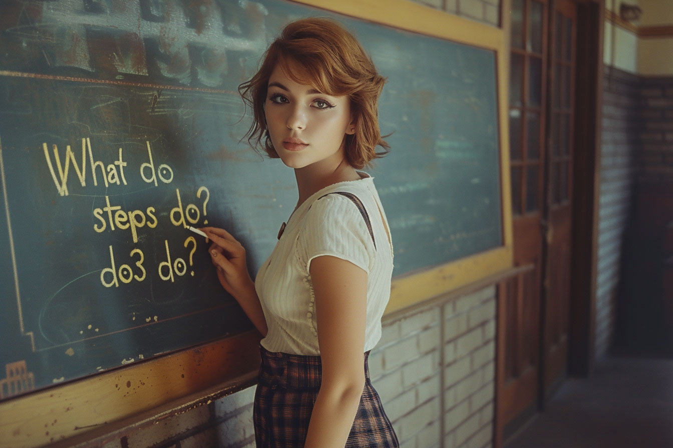 a female student in plaid skirt writing on chalkboard - what do steps do