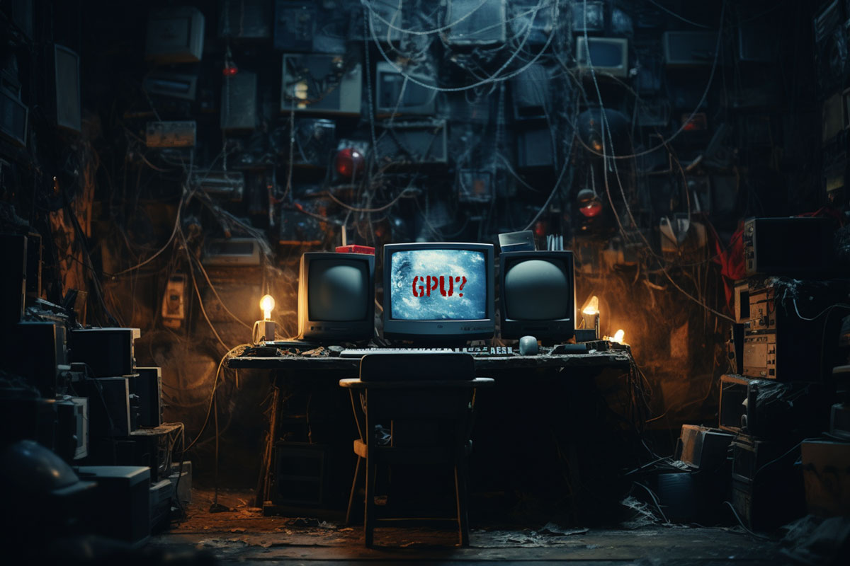 Is a GPU a Must for Running Stable Diffusion - A dimly lit room cluttered with old electronic equipment, including multiple CRT monitors displaying the text ‘GPU?’ amidst a tangle of wires and cables