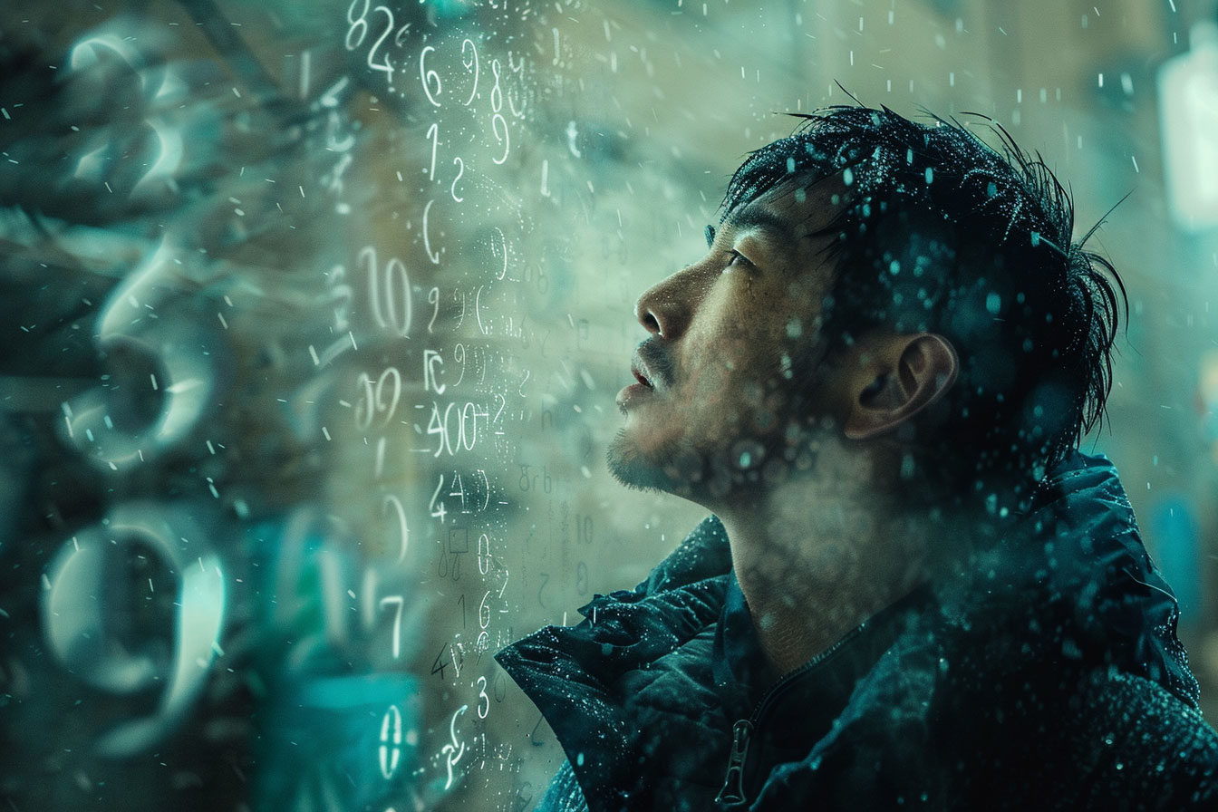 asian man in the rain, thinking about numbers and social currency