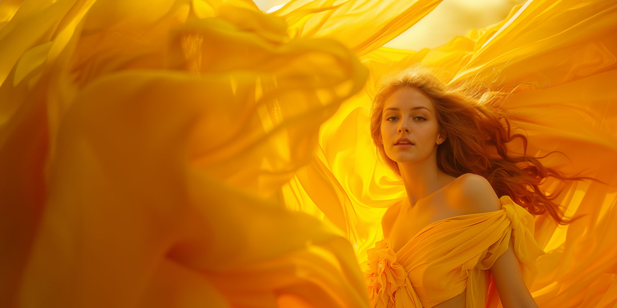 beautiful blonde woman engulfed in beautiful yellow drapery and flowing yellow dress