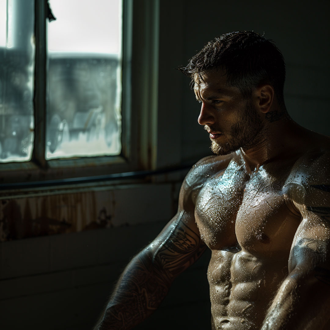 Bodybuilder sitting by the window covered in sweat