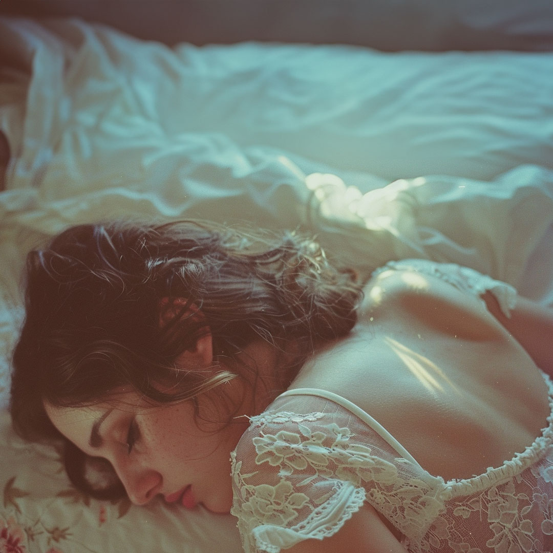 boudoir model lying on her chest in white laced lingerie shot in expired polaroid camera