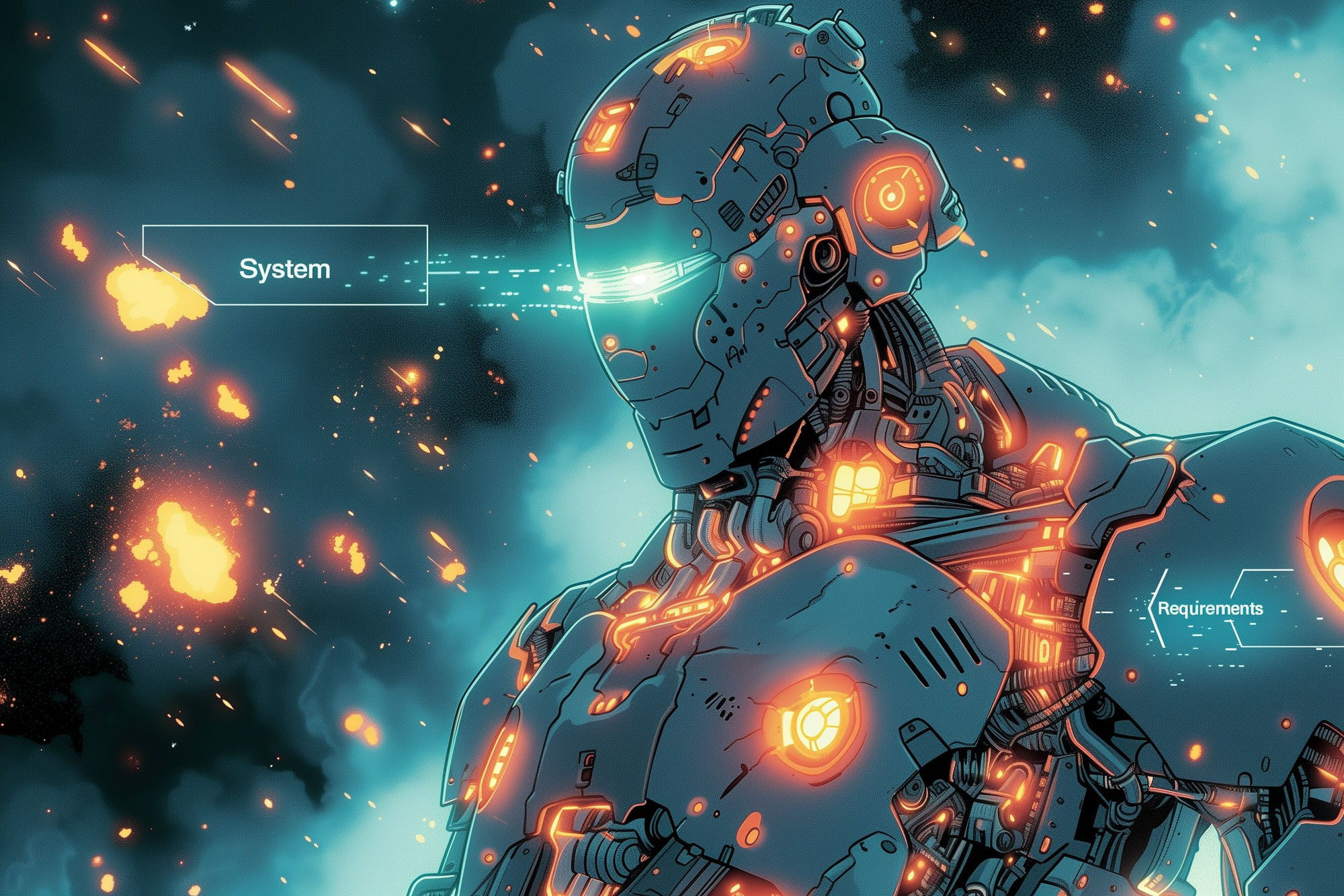 Powerful Cyborg comic book art with hot particles - System Requirements for Stable Diffusion
