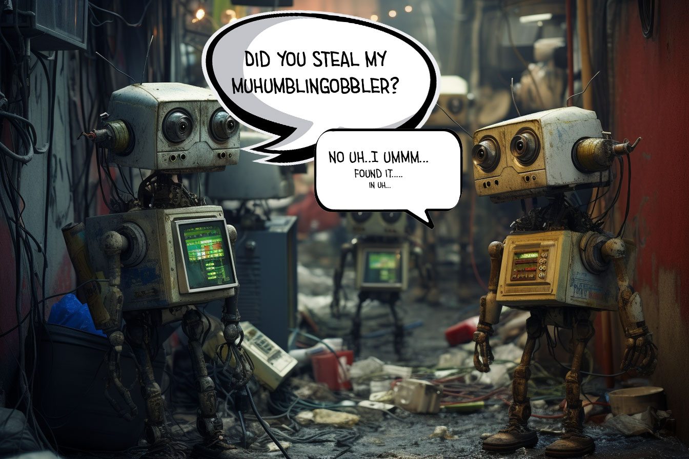 Two robots with computer monitor torsos in a messy workshop converse via speech bubbles.