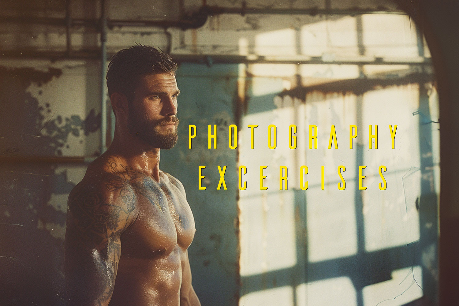 tattooed body builder in a gritty garage at sun up - Photography Exercises