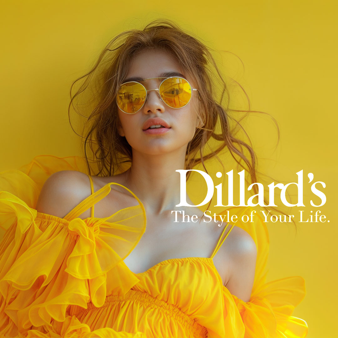 Dillards Style Cool Fashion model with shades in yellow theme dress